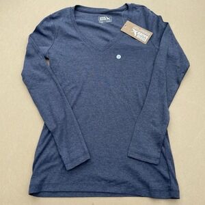 New Eddie Bauer Womens Fav Long Sleeve V-Neck T-Shirt Heather Indigo Petite Gray